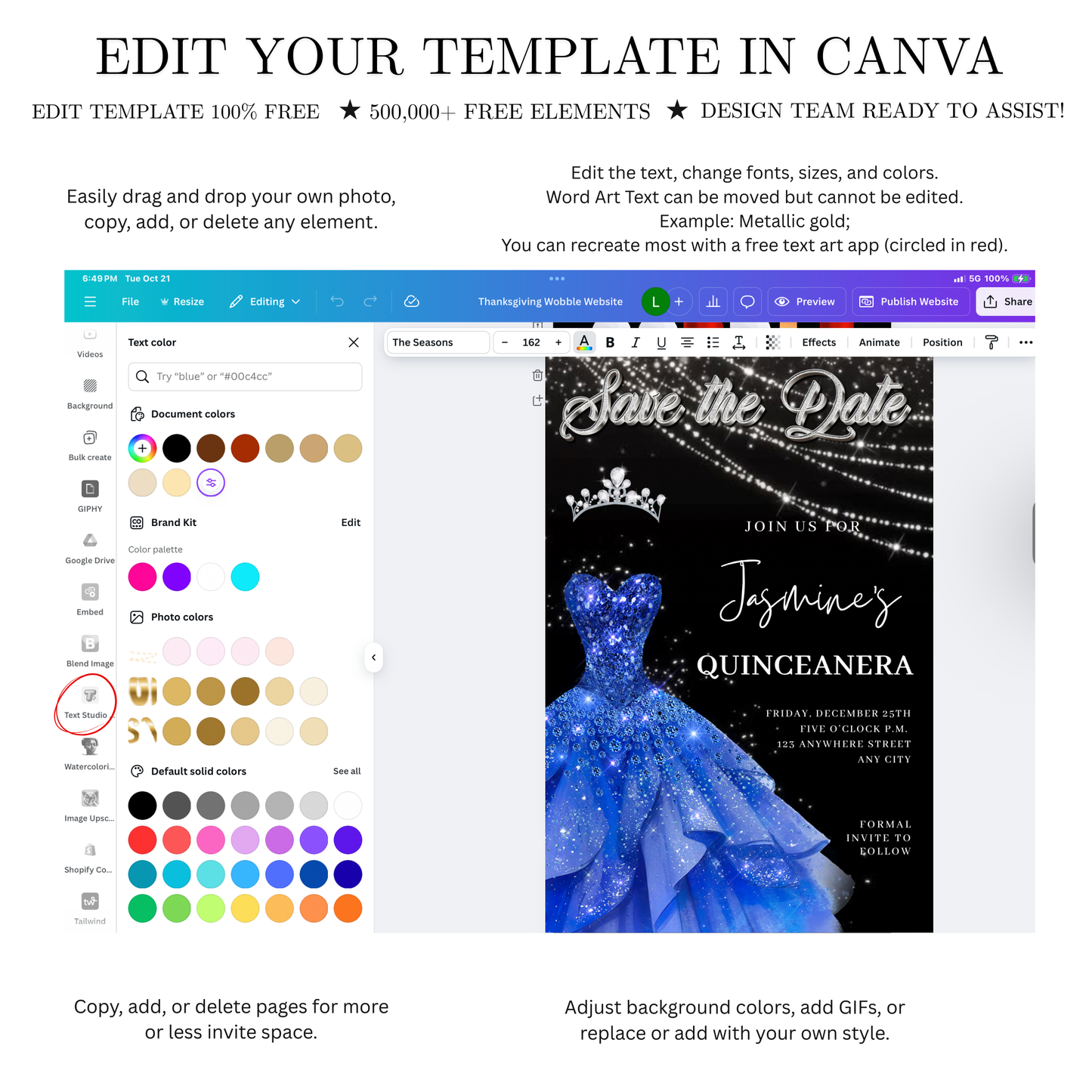 Royal Blue Quinceañera Video Invite | Sweet 15 16 Quince RSVP Tracker | Editable Save the Date Canva Evite Template