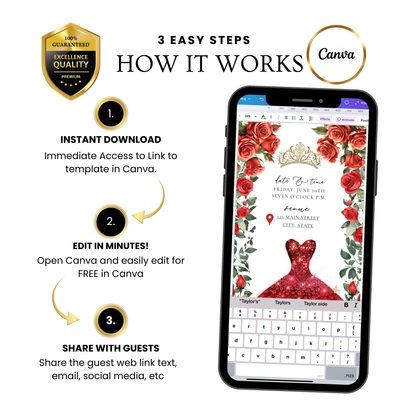 Einladung zur Quinceañera mit roten Rosen | Einladung zur Sweet 15/16 mit RSVP-Tracking | Canva-Vorlage