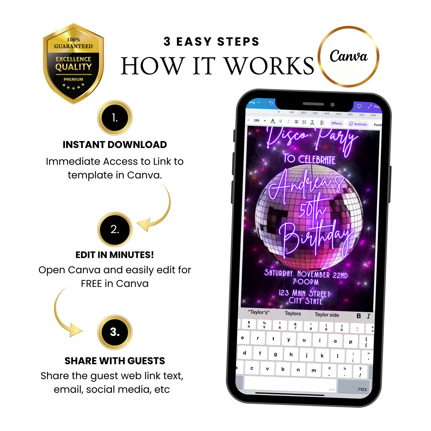 Editable Disco Party Video Invitation | 70s Retro Party Invite | Editable Canva Template Template