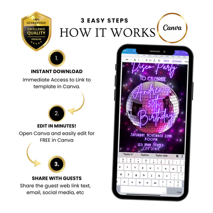 Editable Disco Party Video Invitation | 70s Retro Party Invite | Editable Canva Template Template