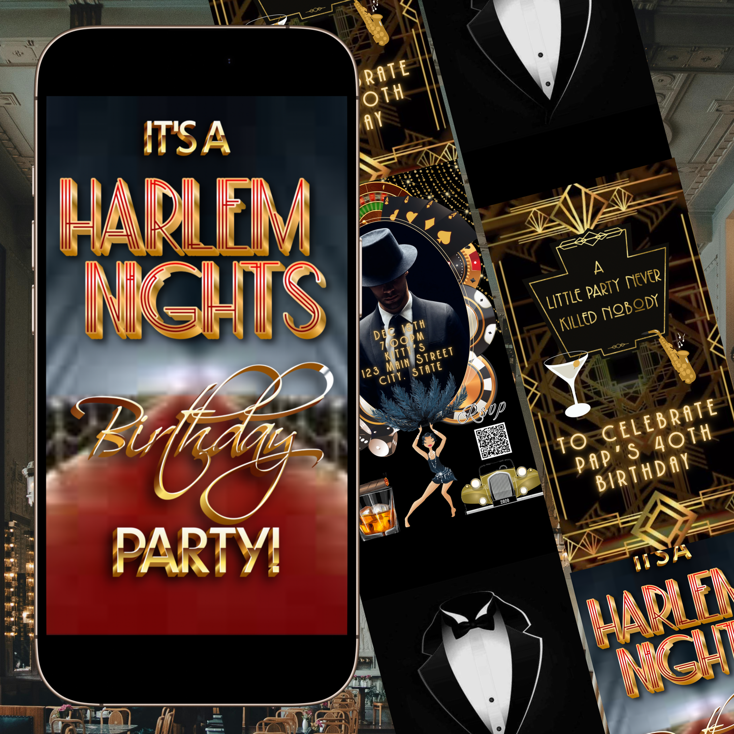 Harlem Nights Video-Einladung | Digitale Great Gatsby-Einladung | Bearbeitbare Canva-Partyvorlage
