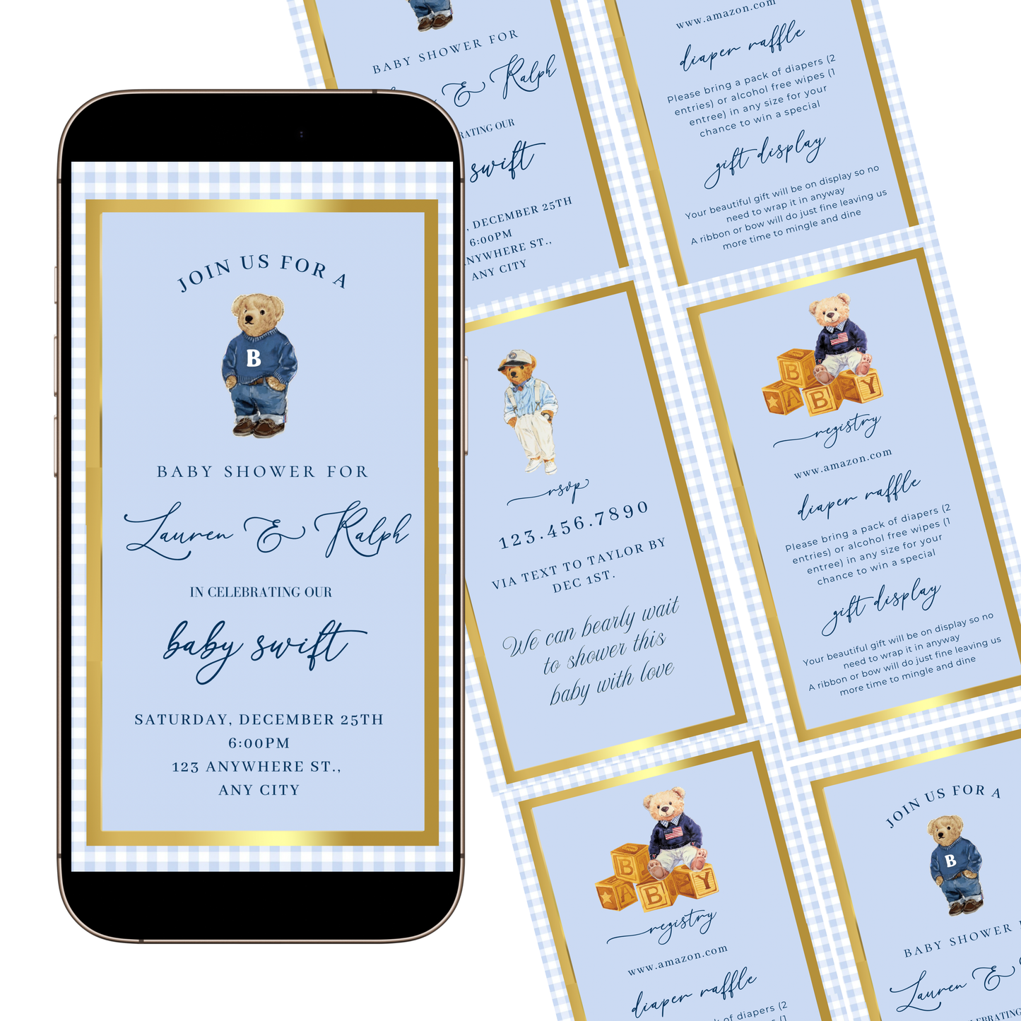 Polo Bear Video Invitation | Digital Preppy Blue Boy Baby Shower RSVP Tracker Invite | Editable Canva Template