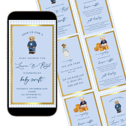 Polo Bear Video Invitation | Digital Preppy Blue Boy Baby Shower RSVP Tracker Invite | Editable Canva Template