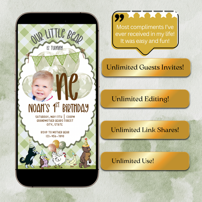 Little Bear Video Invitation Canva Template, Teddy Bear Baby Shower Invite, First Birthday Bear Party Animated Invite, Editable Mobile Evite with Music & RSVP