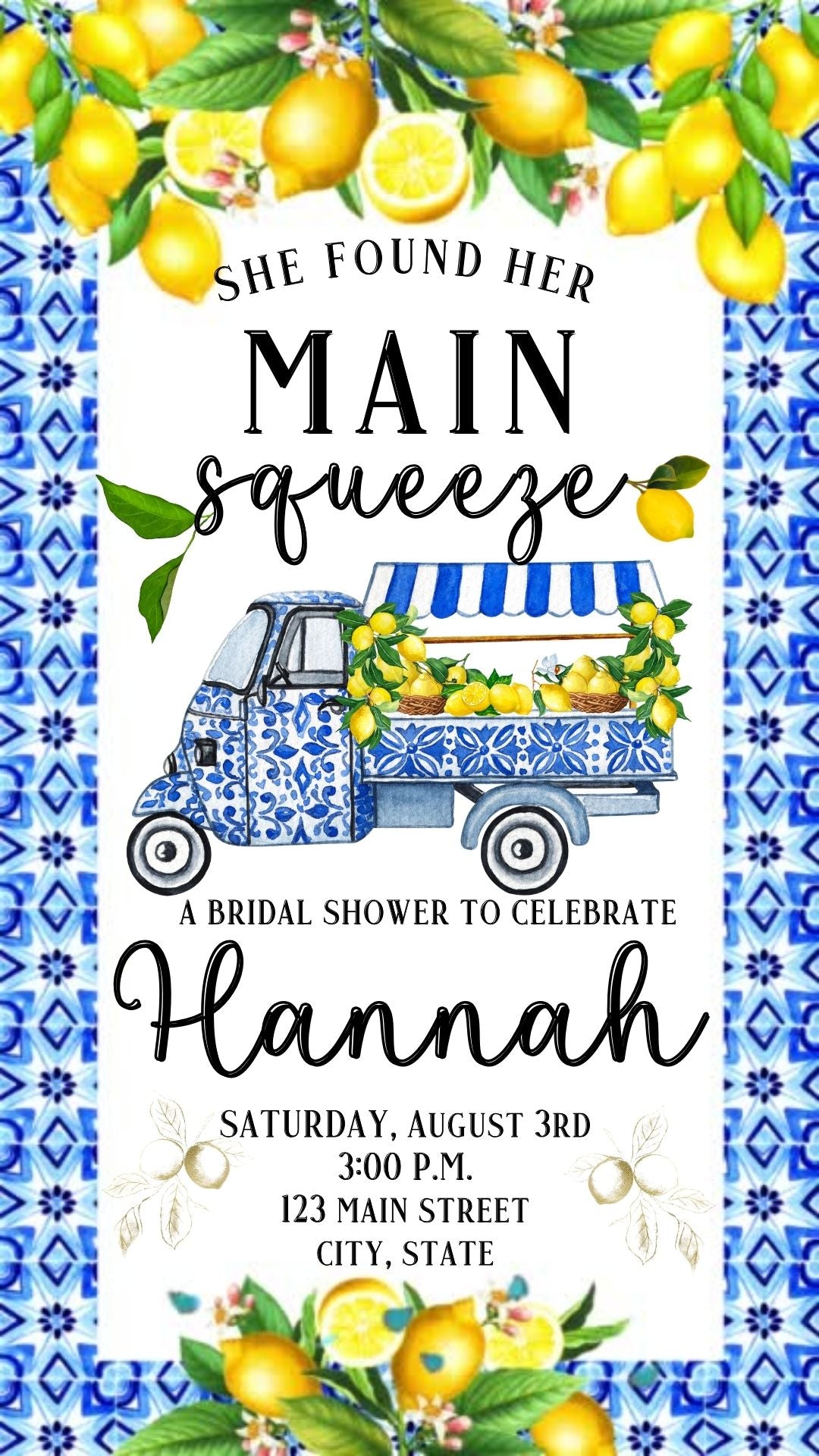 Editable amalfi lemon bridal shower bridal shower video invitation displayed on a mobile phone, featuring an animated vertical digital invite with music, created in Canva. This premium video invitation template is designed for sharing by text, email, and social media and works with an interactive RSVP website for easy guest response tracking.