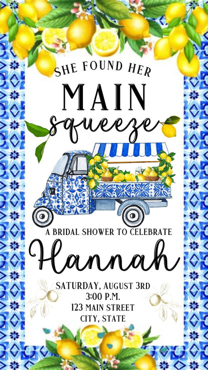 Editable amalfi lemon bridal shower bridal shower video invitation displayed on a mobile phone, featuring an animated vertical digital invite with music, created in Canva. This premium video invitation template is designed for sharing by text, email, and social media and works with an interactive RSVP website for easy guest response tracking.