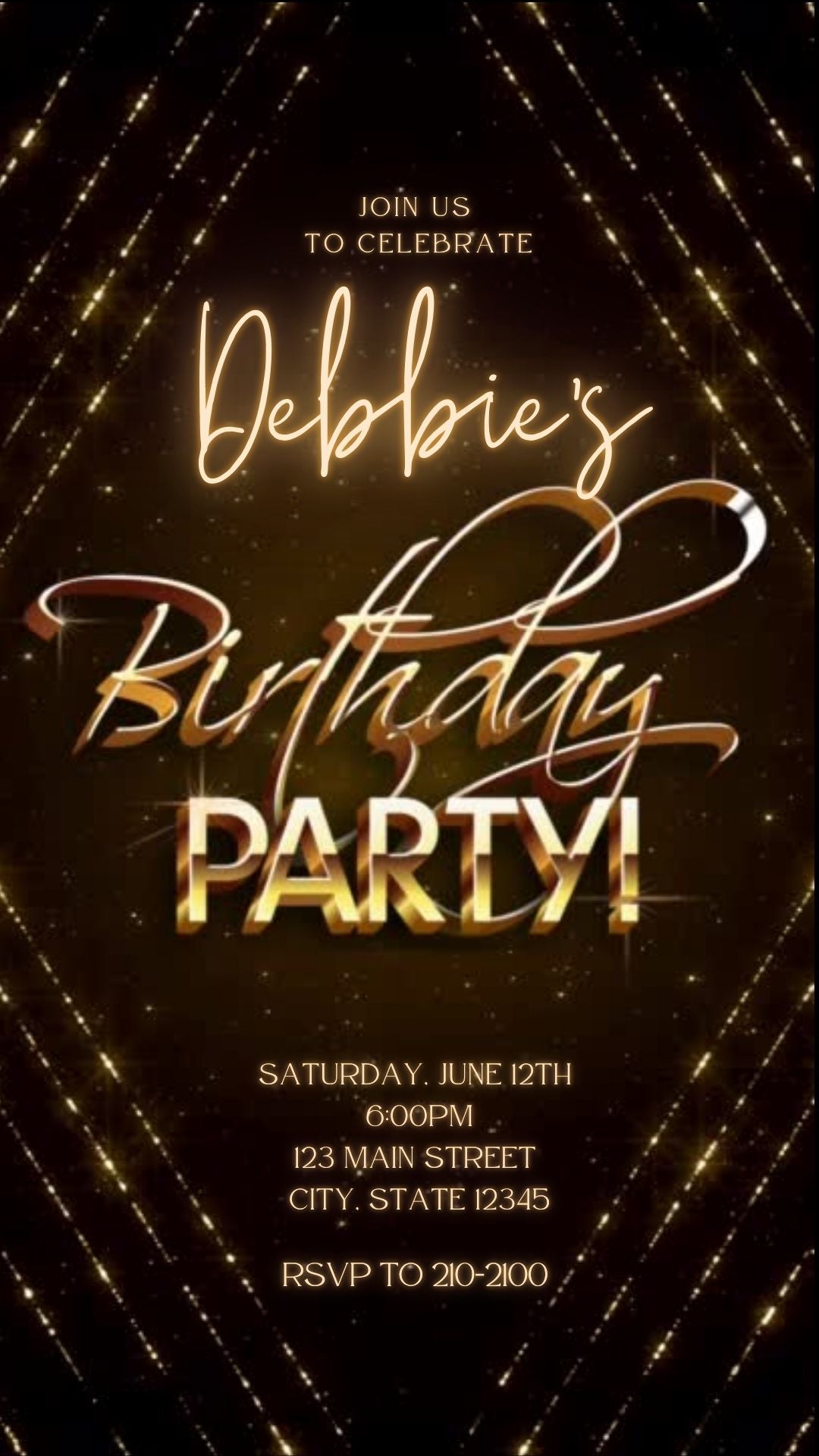 Editable gold glitter any age birthday video invitation displayed on a mobile phone, featuring an animated vertical digital invite with music, created in Canva. This premium video invitation template is designed for sharing by text, email, and social media and works with an interactive RSVP website for easy guest response tracking.