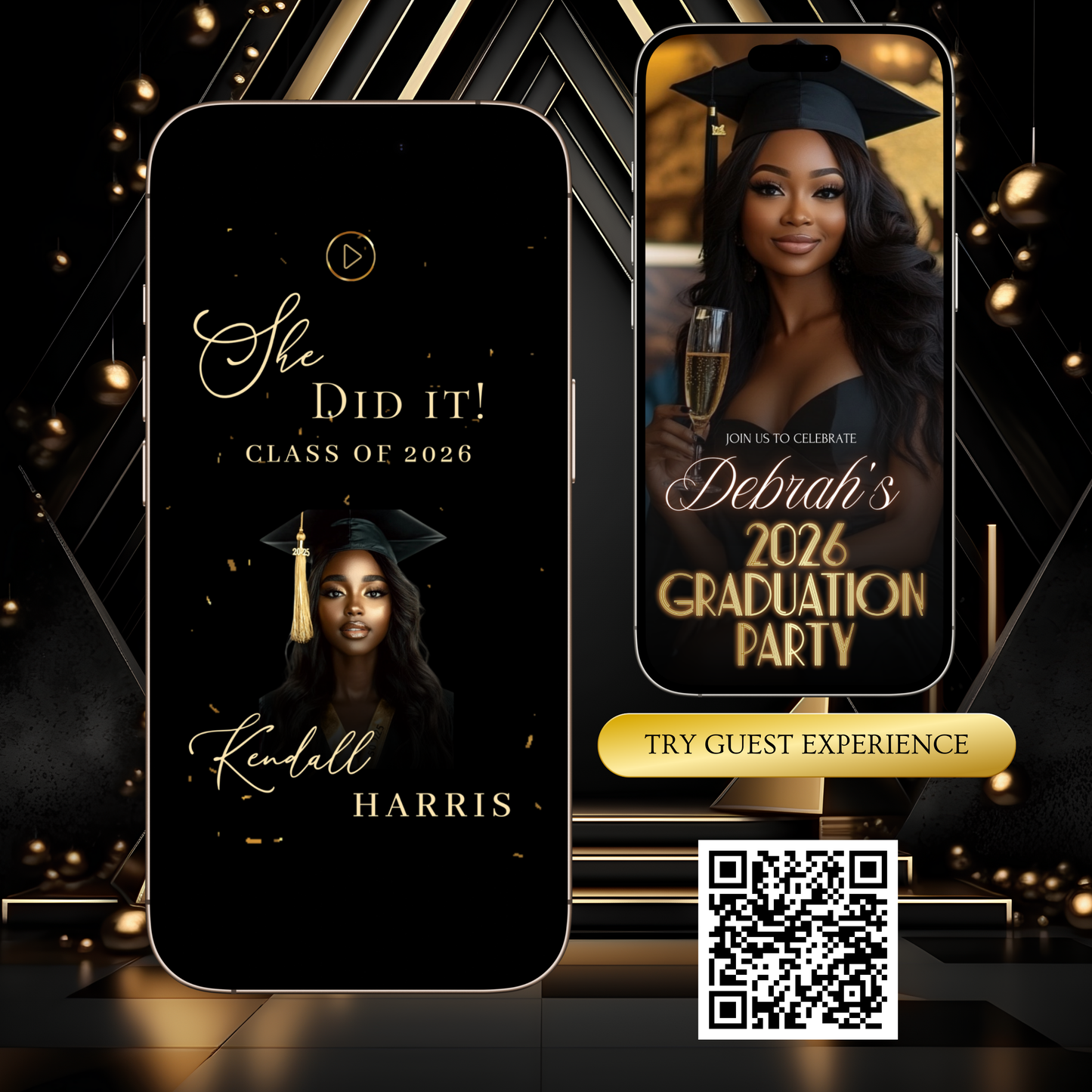 Black and Gold Graduation Party Video Invitation | Digital Glam Graduation Invite | Editable Online RSVP Evite Canva Template