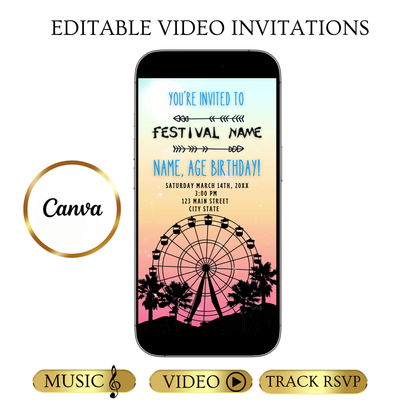 Editable Coachella Video Invitation | Mobile Music Festival Birthday Animated Invite | Canva Video Evite Template