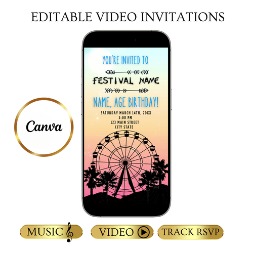 Editable Coachella Video Invitation | Mobile Music Festival Birthday Animated Invite | Canva Video Evite Template