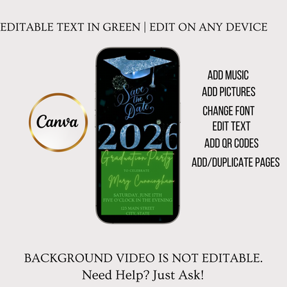 Blue Graduation Party Video Invitation | Class of 2026 Photo Invite | Editable Online RSVP Evite Canva Template