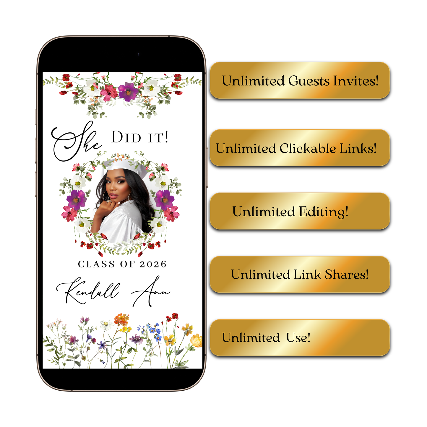 Wildflower Graduation Party Video Invitation | Spring Floral Graduation Invite for Her | Editable Online RSVP Evite Canva Template