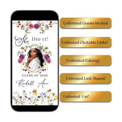 Wildflower Graduation Party Video Invitation | Spring Floral Graduation Invite for Her | Editable Online RSVP Evite Canva Template