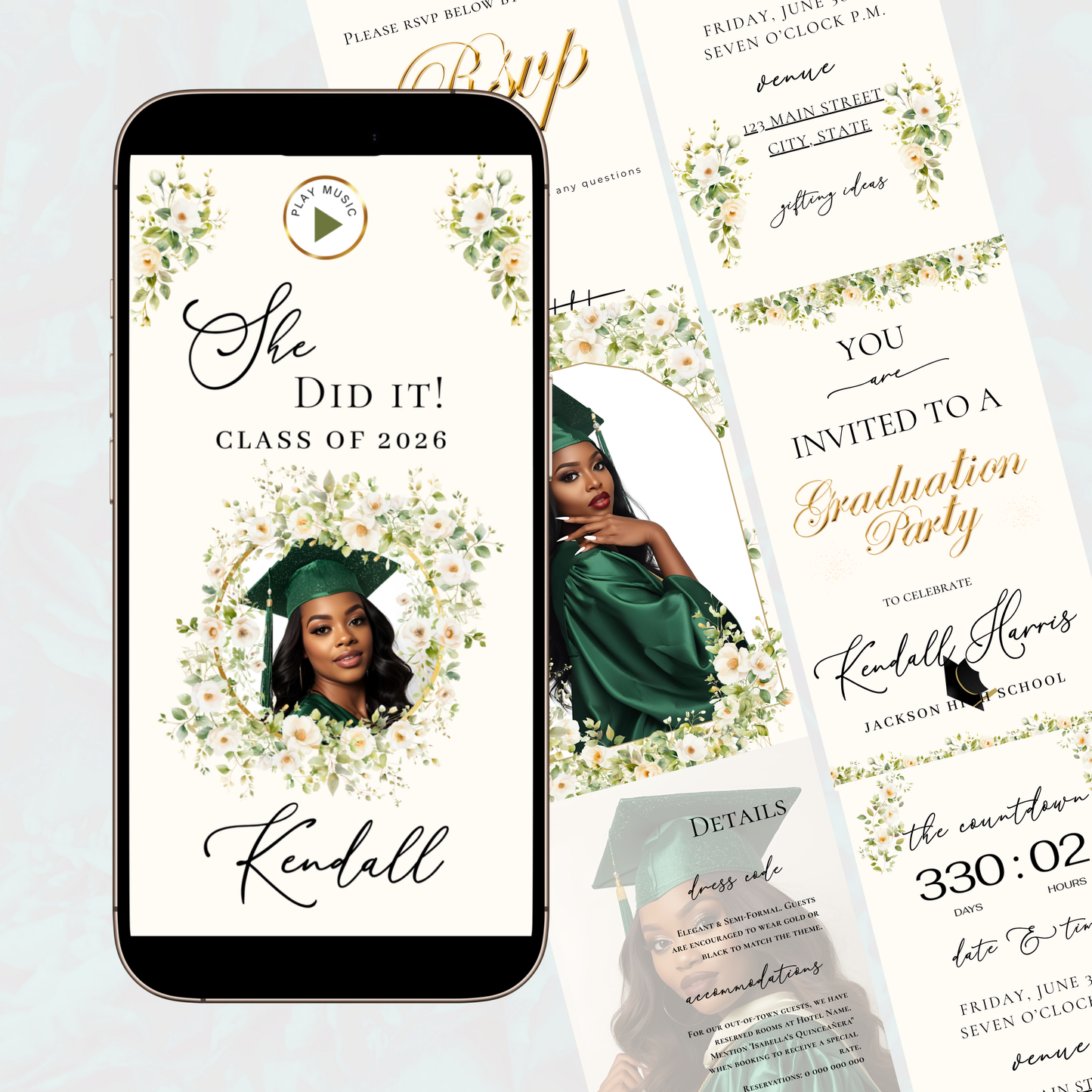 2026 Graduation Website Invitation | Canva Website RSVP Template with Music | Spring Floral for her