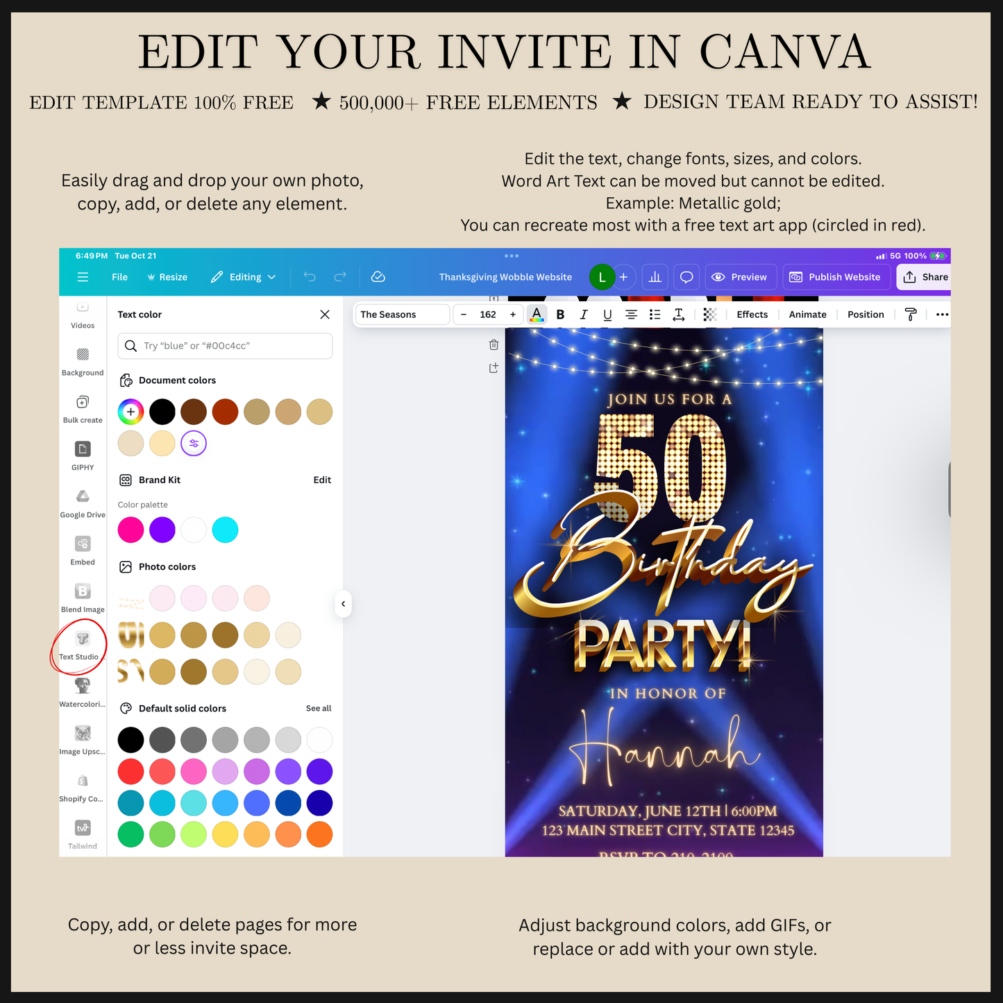 50th Birthday Party Video Invitation | Digital Hollywood Animated Invite | Editable Canva Evite Template
