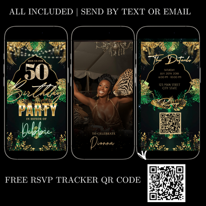 50th Birthday Video Invitation | Digital 50th Safari Leopard Glam Birthday Invite | Editable Canva Party Template