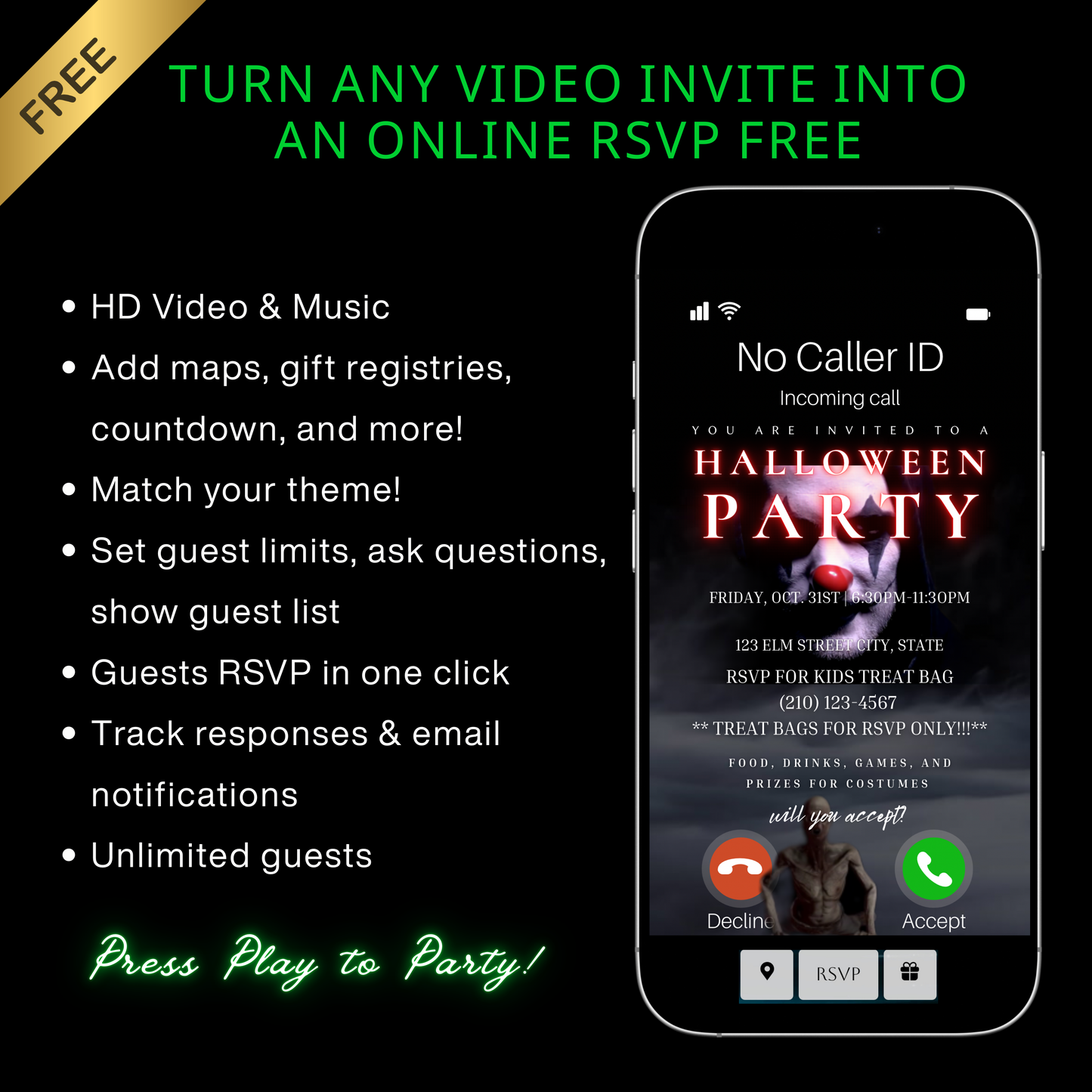 Halloween Video Invitation, Scary Clown Animated Invite, Editable Halloween Party Mobile Evite
