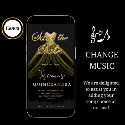 Gold Quinceañera Video Invite | Sweet 15 16 Quince RSVP Tracker | Editable Canva Evite Template
