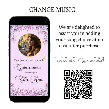 Lilac and Pink Quinceañera Video Invitation Canva Template with envelope opening