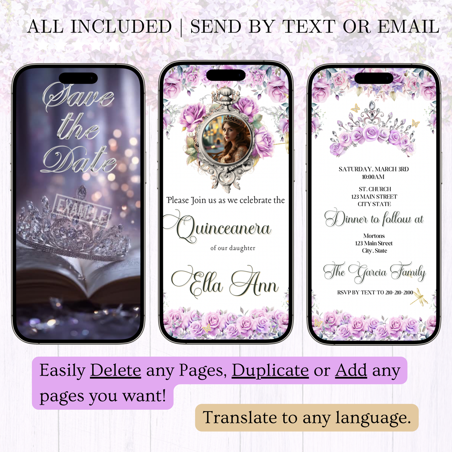 Lilac Quinceanera Video Invite | Animated Sweet 15 Quince Invite | Editable Canva Evite Template