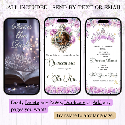 Lilac Quinceanera Video Invite | Animated Sweet 15 Quince Invite | Editable Canva Evite Template