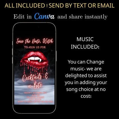 Halloween-Videoeinladung, animierte Einladung mit Vampirlippen, bearbeitbare mobile Halloween-Party-Einladung