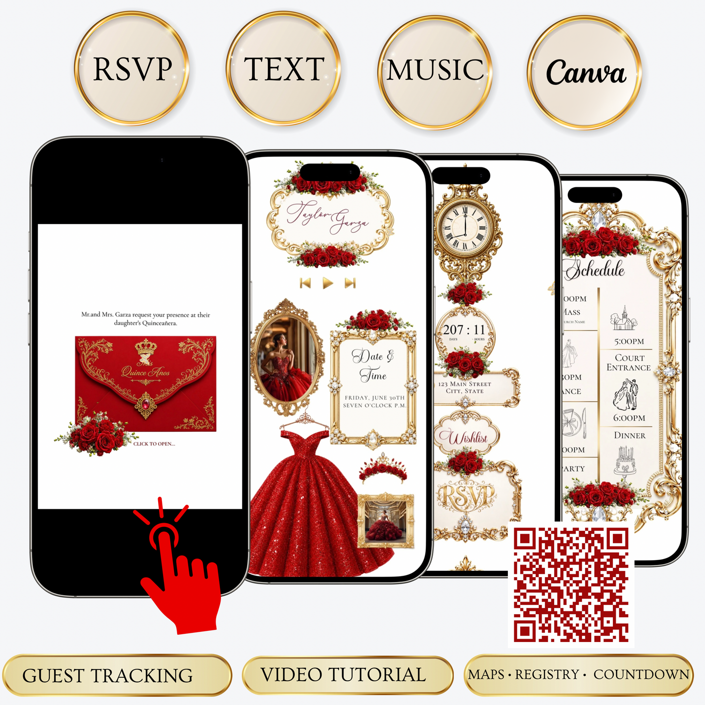 Red and Gold Quinceanera Website Invitation with RSVP tracking