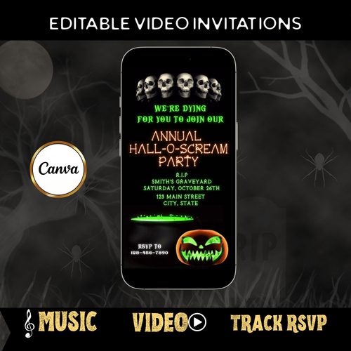 Halloween-Videoeinladung, animierte Einladung mit Totenköpfen und Skeletten, bearbeitbare mobile Einladung zur Halloween-Party