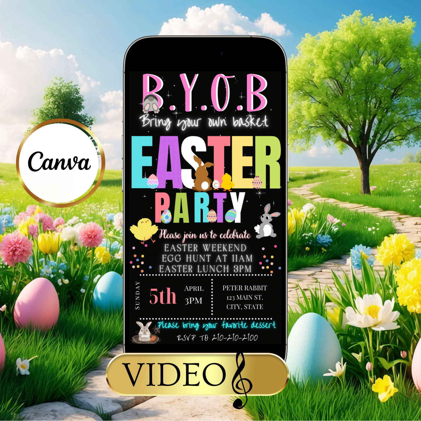 Easter Video Invitation, Easter Egg Hunt Animated Invite, Digital Canva Template