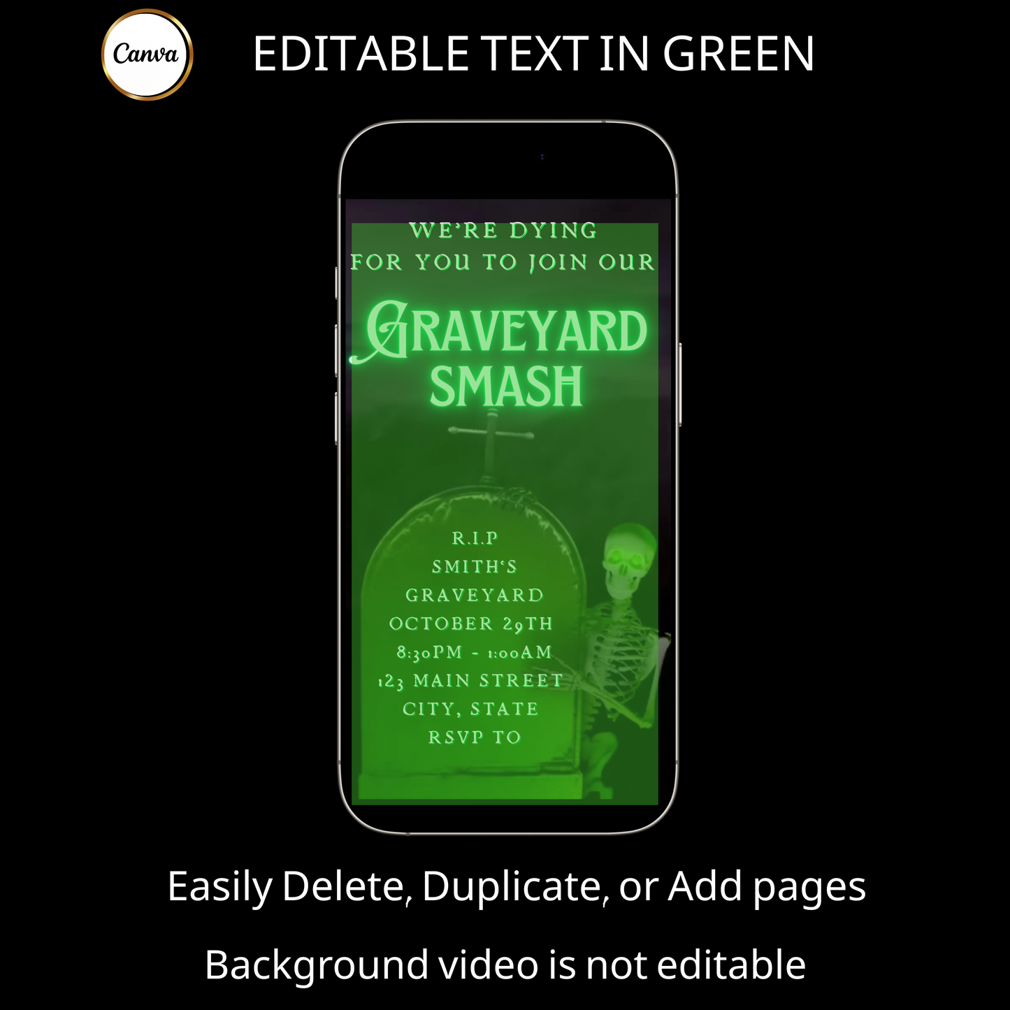 Halloween-Videoeinladung, animierte Einladung zur Friedhofs-Party, bearbeitbare mobile Einladung zur Halloween-Party