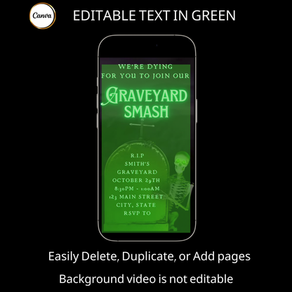 Halloween-Videoeinladung, animierte Einladung zur Friedhofs-Party, bearbeitbare mobile Einladung zur Halloween-Party