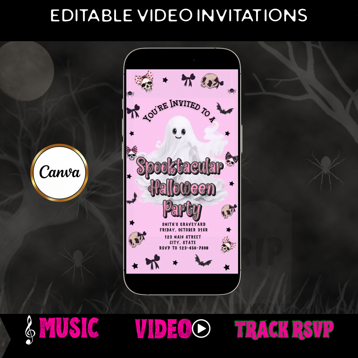 Halloween-Videoeinladung | Animierte digitale Halloween-Einladung | Bearbeitbare Canva-Einladungsvorlage