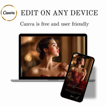 Red Roses Video Invite | Digital Quinceanera Sweet 15 16 Invite | Editable Canva Evite Template