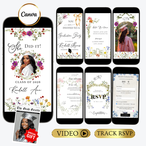 Wildflower Graduation Party Video Invitation | Spring Floral Graduation Invite for Her | Editable Online RSVP Evite Canva Template