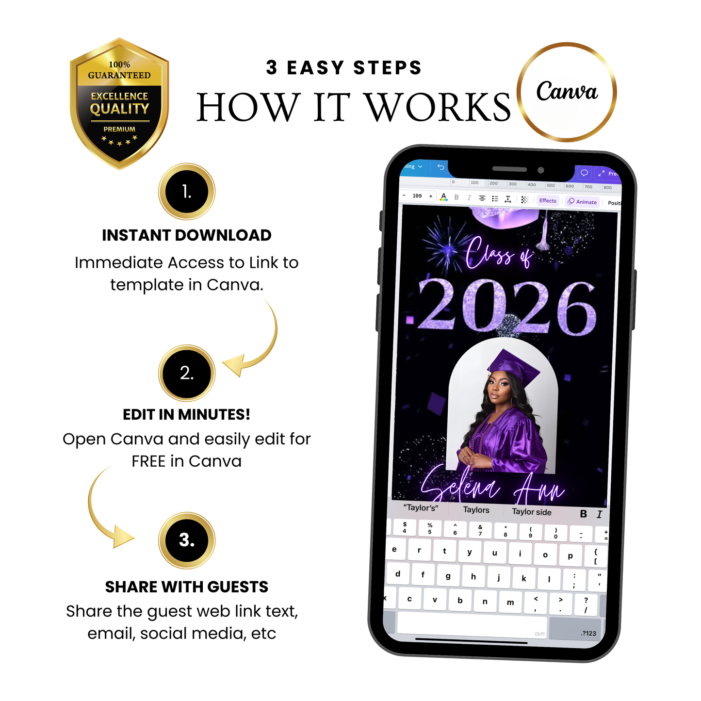 Graduation Party Video Invitation | Purple and Black Graduation Invite for Her | Editable Online RSVP Evite Canva Template