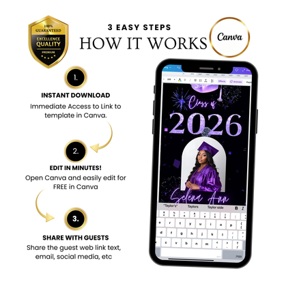Graduation Party Video Invitation | Purple and Black Graduation Invite for Her | Editable Online RSVP Evite Canva Template