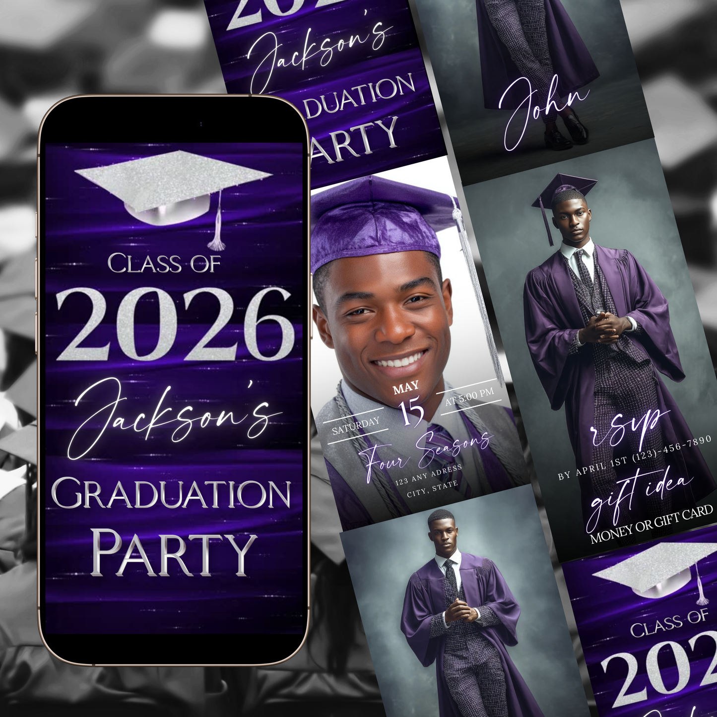 Graduation Party Video Invitation | Class of 2026 Purple and Silver Invite for Him | Editable Online RSVP Evite Canva Template