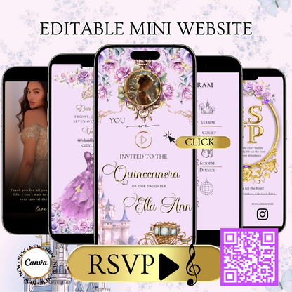 Rapunzel Quinceanera Website Invite |  Sweet 15 16 Evite RSVP Video Invitation | Canva Template