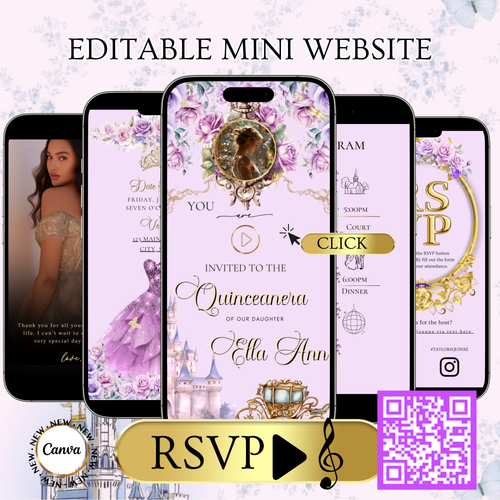 Rapunzel Quinceanera Website Invite |  Sweet 15 16 Evite RSVP Video Invitation | Canva Template