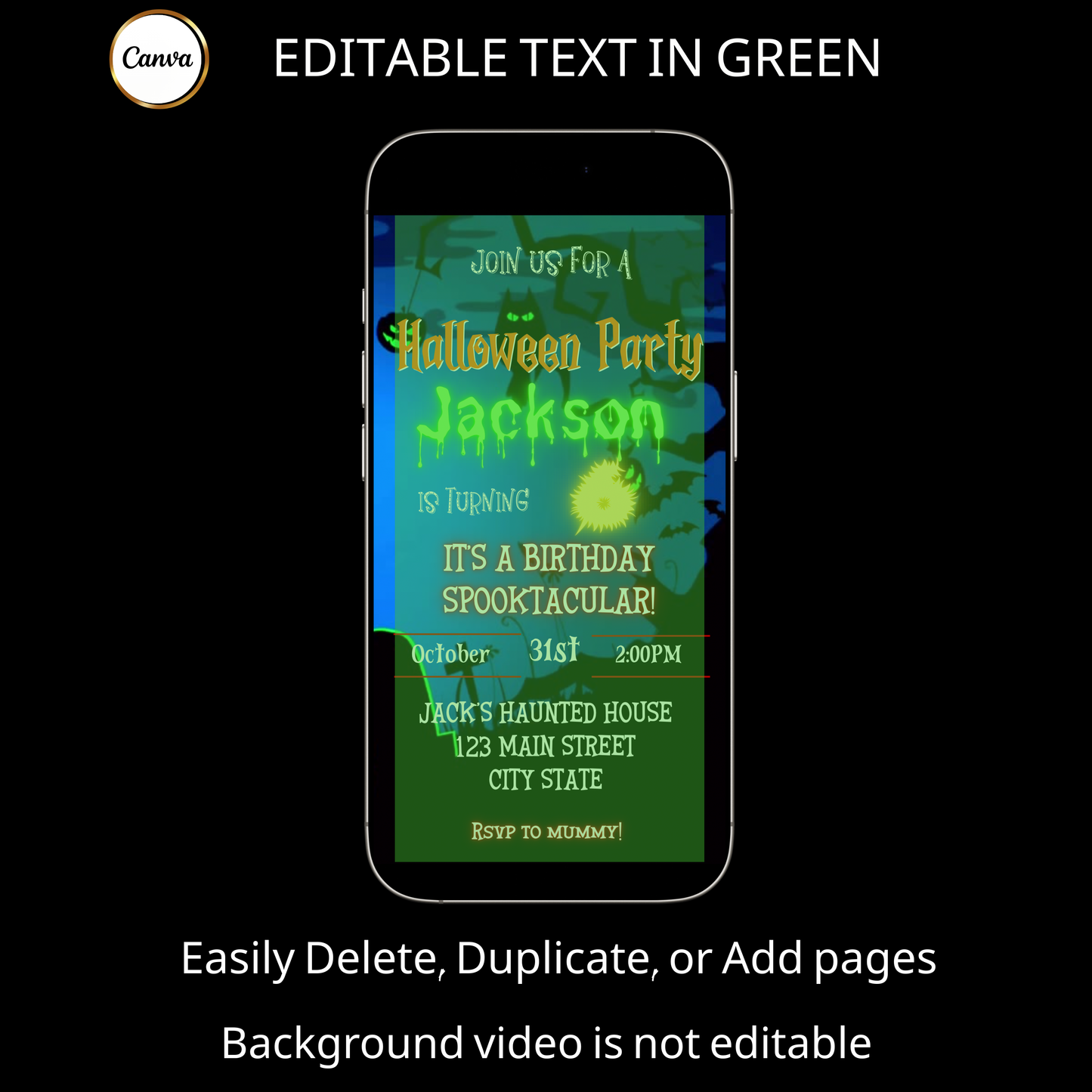 Halloween-Videoeinladung, animierte Einladung zum gruseligen Geburtstag für Jungen, bearbeitbare mobile Einladung zur Halloween-Party