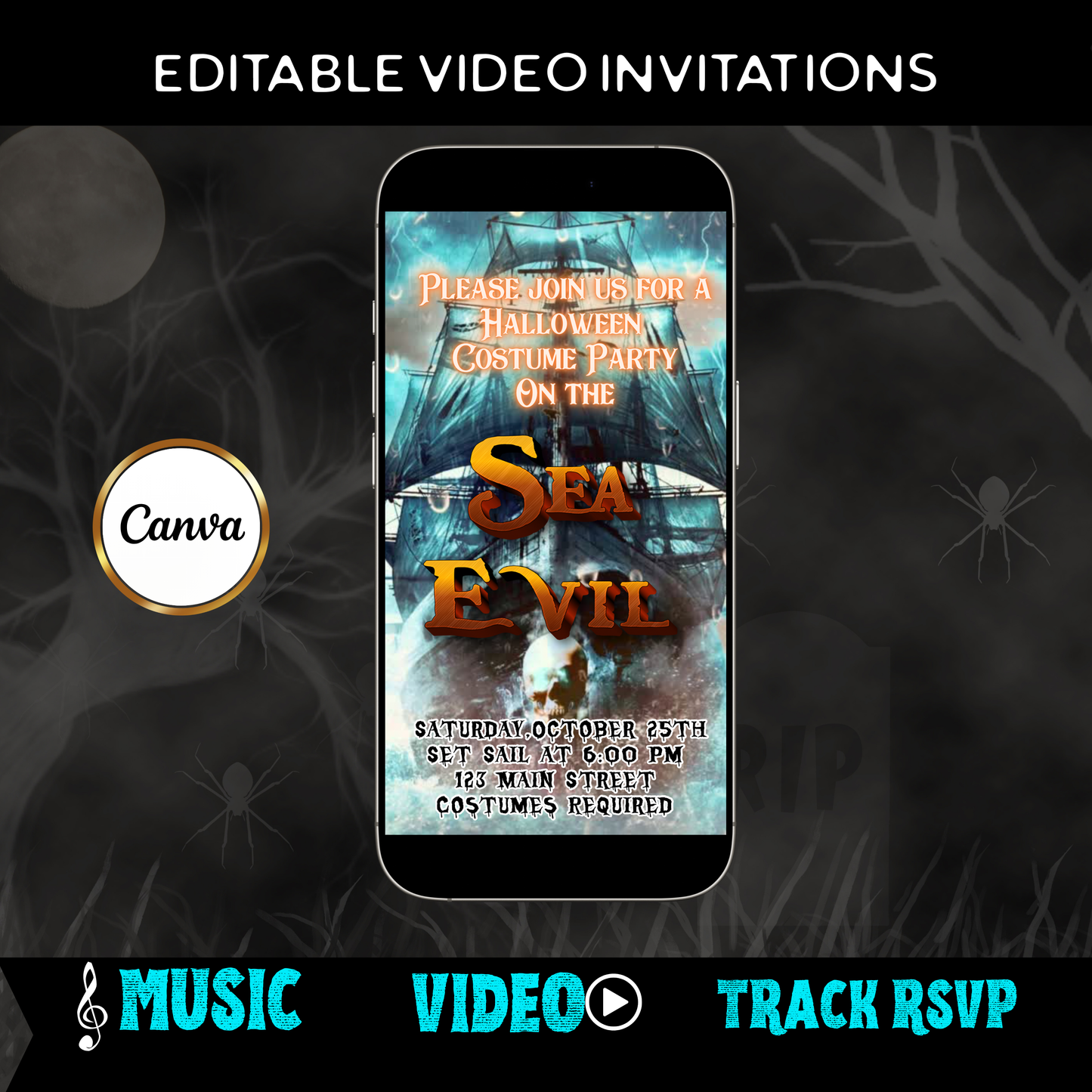 Halloween-Videoeinladung, animierte Einladung mit einem unheimlichen Seeschiff, bearbeitbare mobile Halloween-Partyeinladung