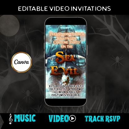 Halloween-Videoeinladung, animierte Einladung mit einem unheimlichen Seeschiff, bearbeitbare mobile Halloween-Partyeinladung