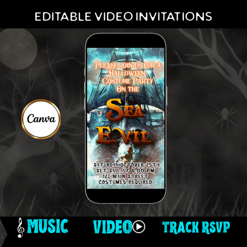 Halloween-Videoeinladung, animierte Einladung mit einem unheimlichen Seeschiff, bearbeitbare mobile Halloween-Partyeinladung