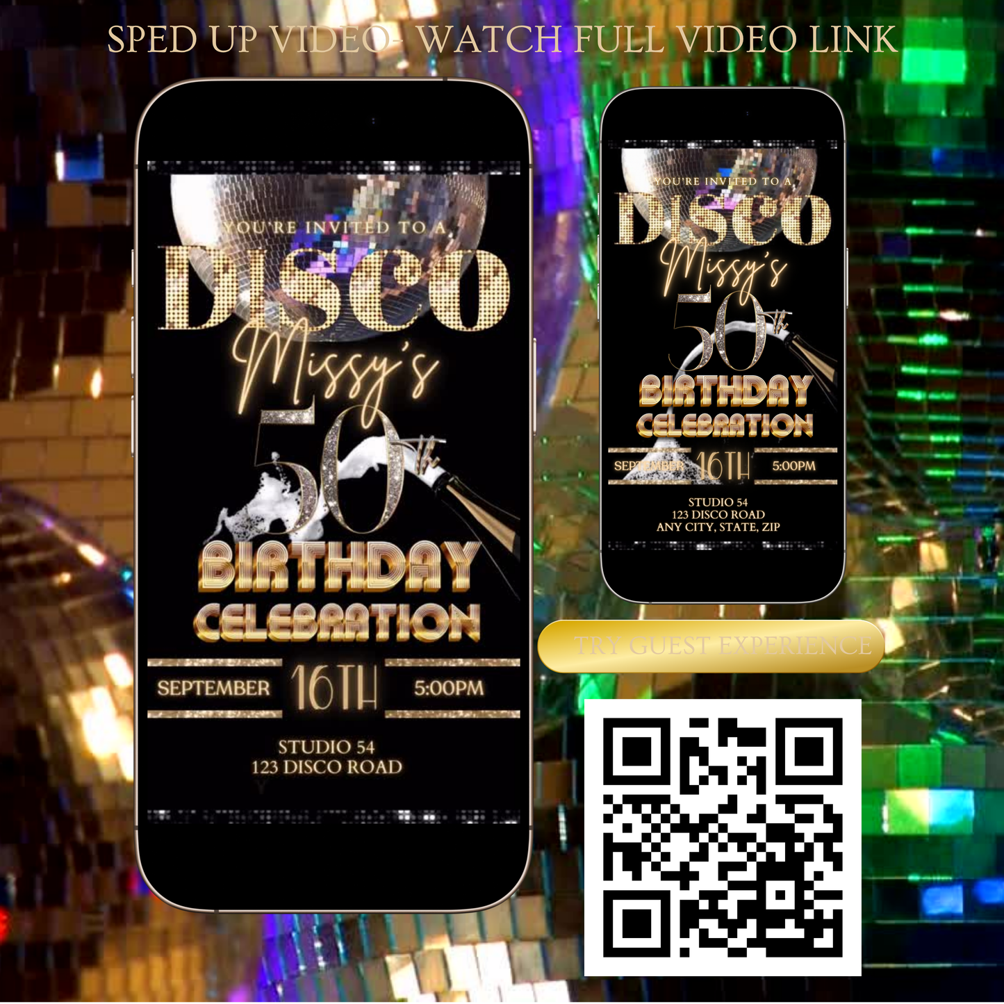 Editable Disco Video Invitation Template | Mobile Animated Invite 50th Birthday | Canva Video Evite Download