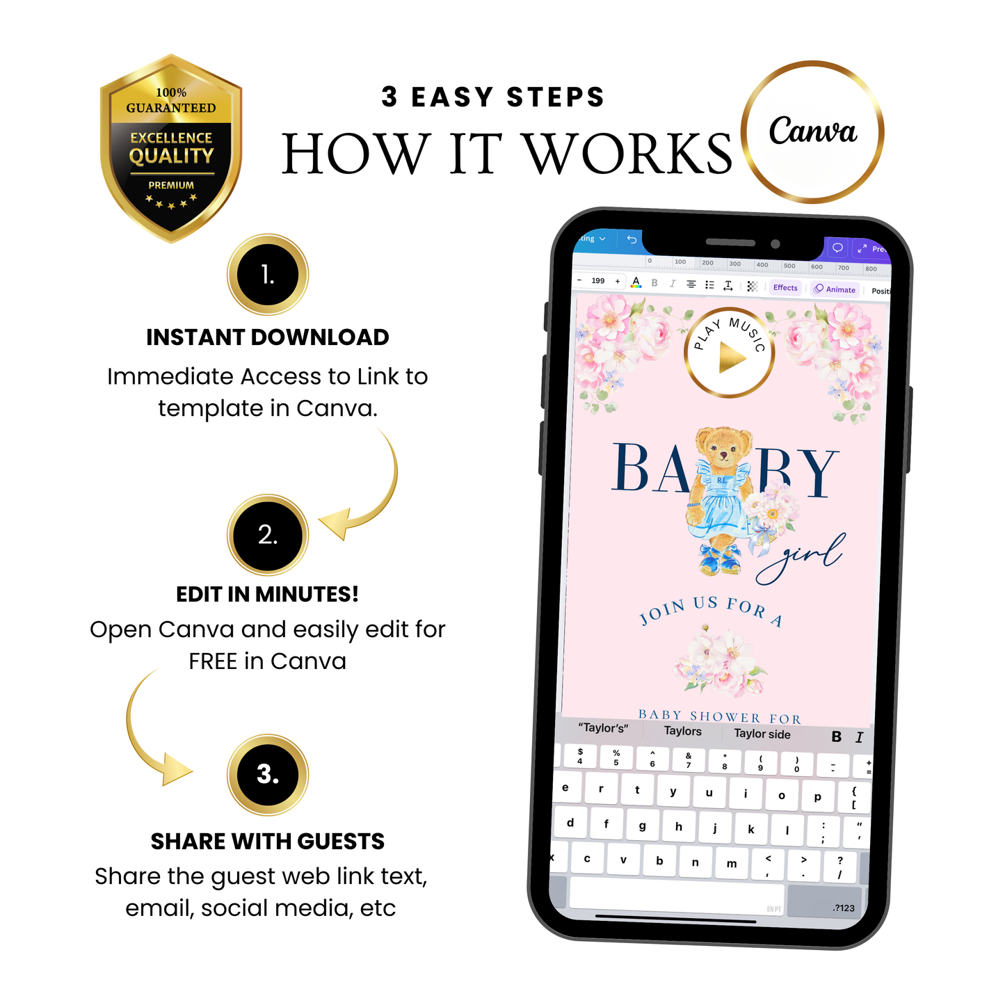 Einladung zur Babyparty mit Polo-Bär | Interaktive RSVP-Website | Bearbeitbare Canva-Vorlage