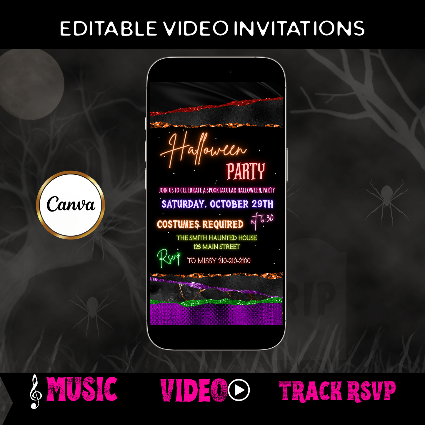 Halloween-Videoeinladung, sexy animierte Halloween-Einladung, bearbeitbare mobile Halloween-Party-Einladung