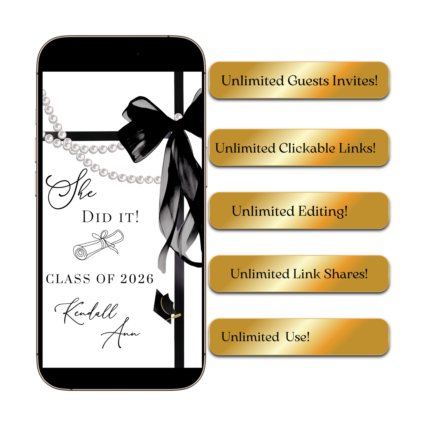 Graduation Party Video Invitation | White and Black Bow Graduation Invite for Her | Editable Online RSVP Evite Canva Template