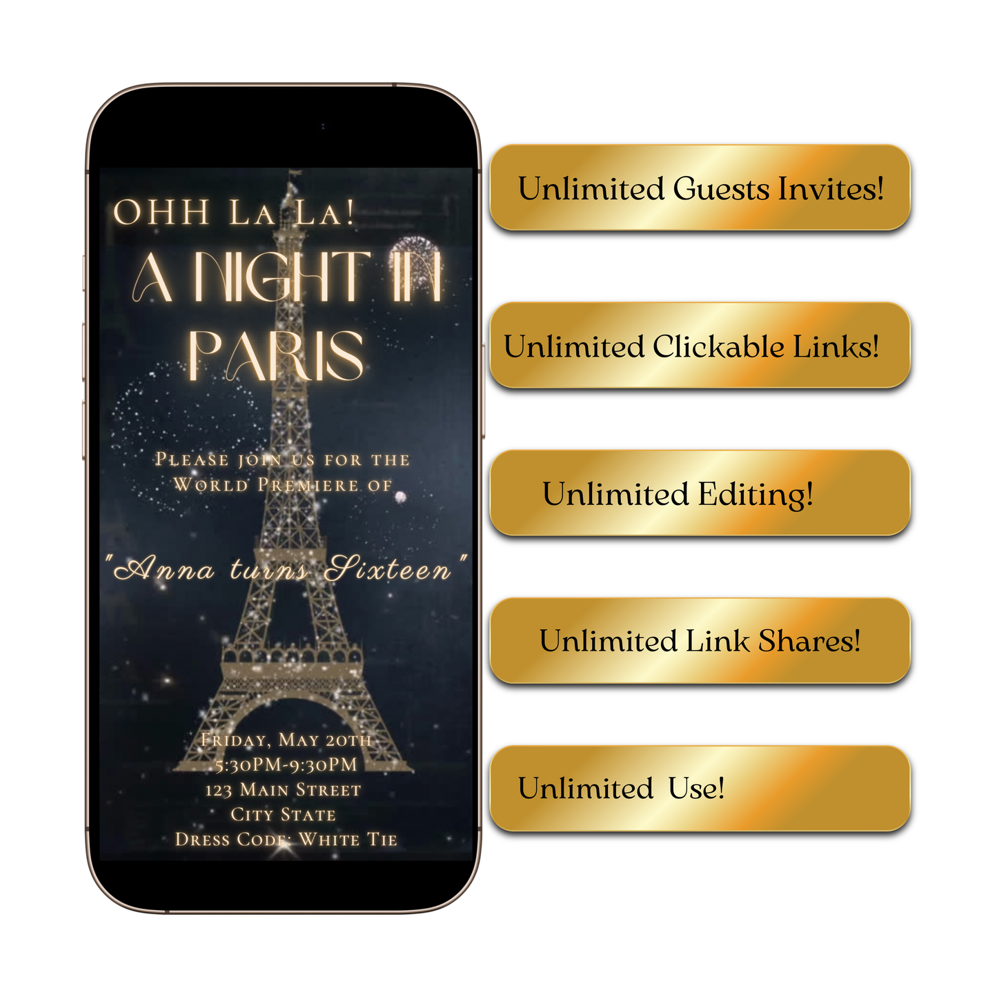 Paris Night Video Invitation| Editable Elegant Birthday Party Evite | Canva Template