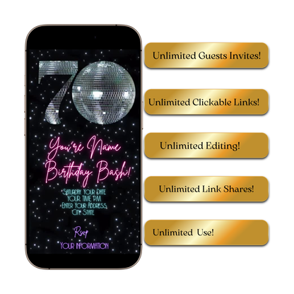 70th Birthday Party Video Invitation | Animated Disco Digital Evite | Editable Canva Invite Template