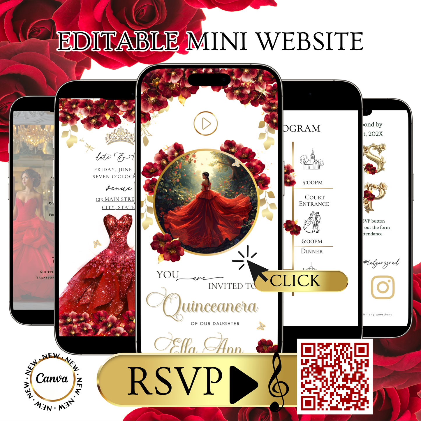 Red Quinceanera mini-Website RSVP tracker| Animated Sweet 15 16 Video Invitation | Canva Template